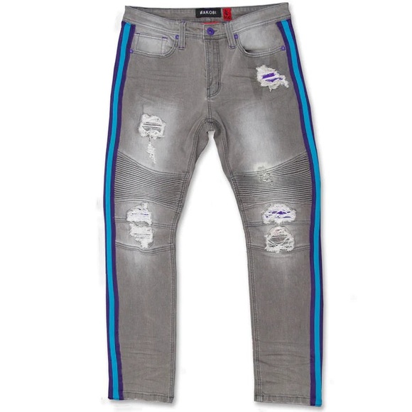 Makobi USA M1986 OZARKS SHREDDED JEANS W/ SIDE TAPES - GRAY WASH - Picture 3 of 3